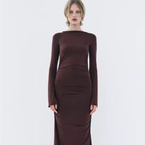 ZARA Brown Burgundy Maxi Dress Bell Sleeve - Small